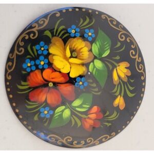 Vintage Russian Folk Art Floral Black Lacquer Brooch Flowers Artist Signed Pin